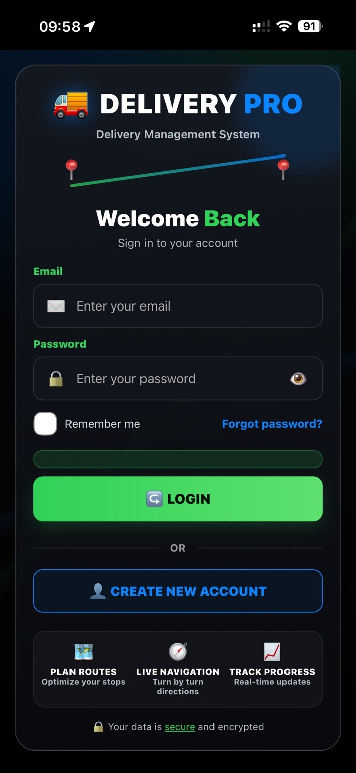Delivery Pro login screen